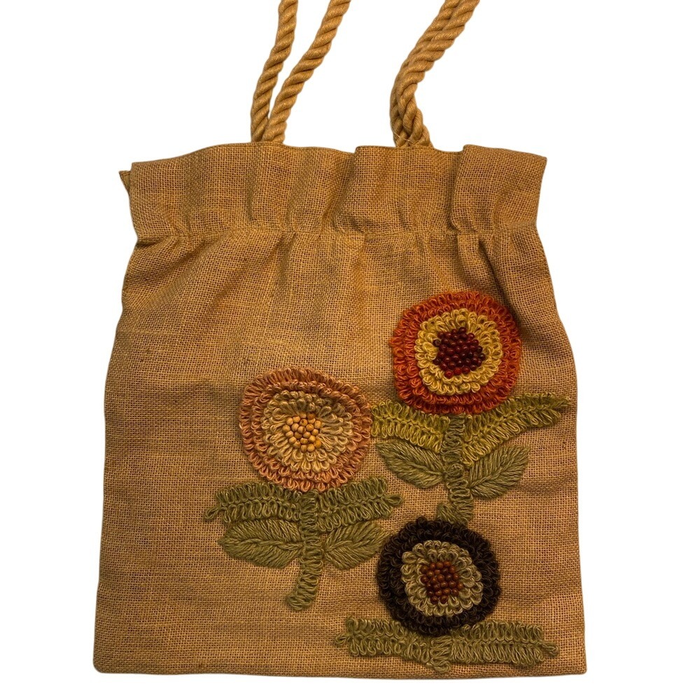 Vintage Burlap Floral Applique‎ Drawstring Bag Purse Unique